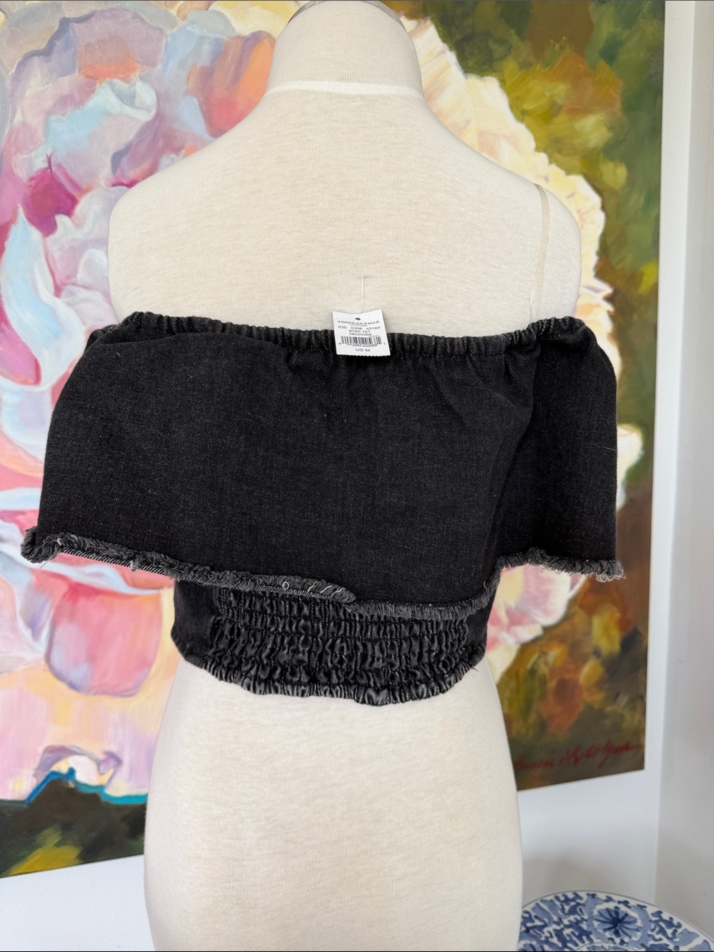 American Eagle Off-Shoulder Denim Crop Top in Washed Black